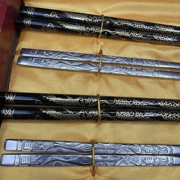 Vintage Chinese Chopsticks Set 5 Pairs w/ Duck Holders Wood & Metal Gift Box - Picture 5 of 9